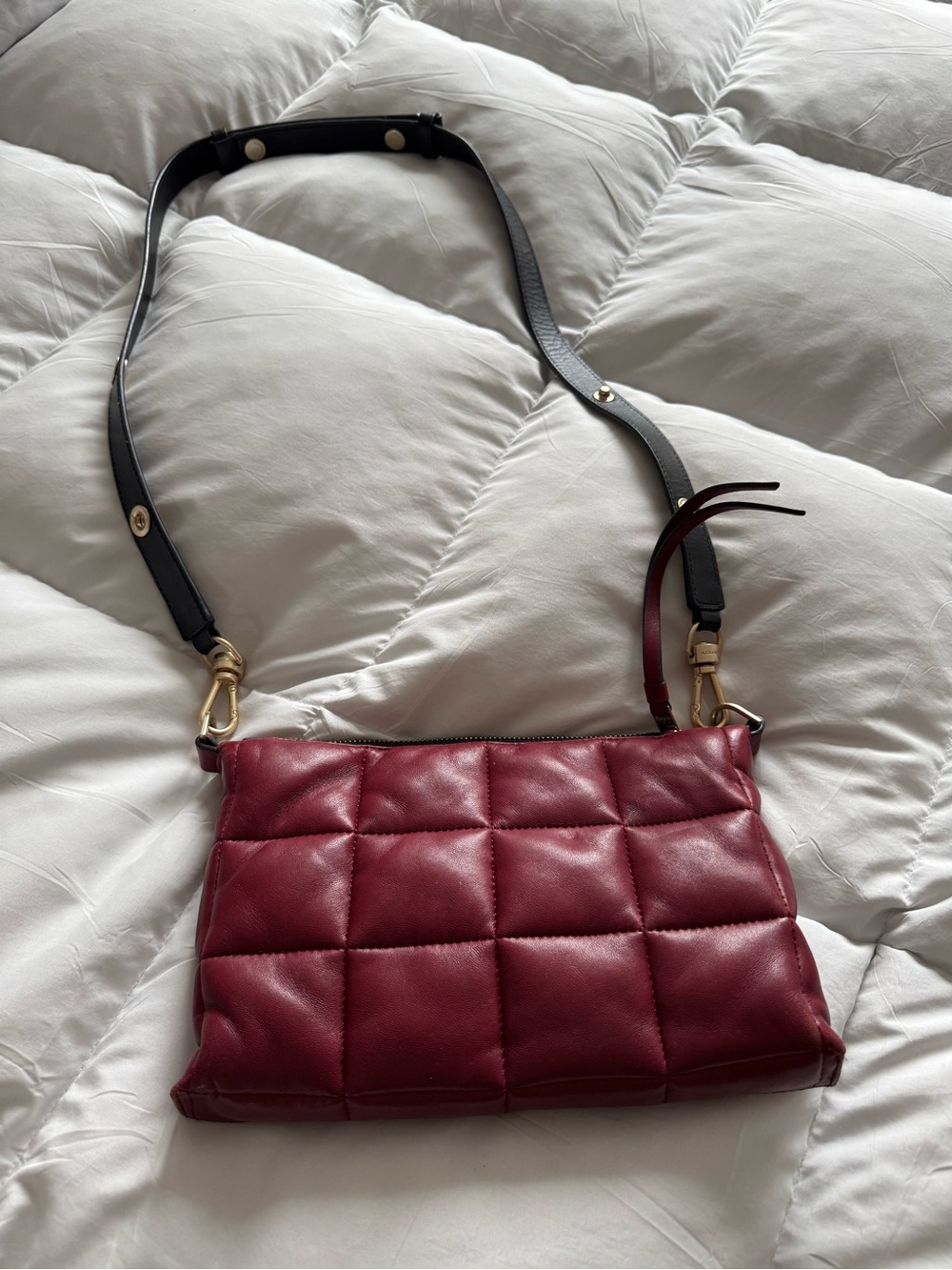 Vintage All Saints Quilted Burgundy Crossbody Bag with Black Strap